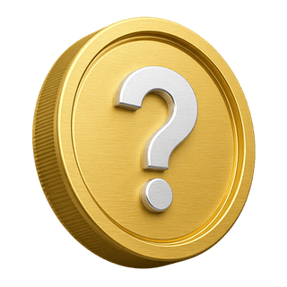 Pièce en or 3D avec un point d'interrogation, utilisée comme élément décoratif sur la page FAQ